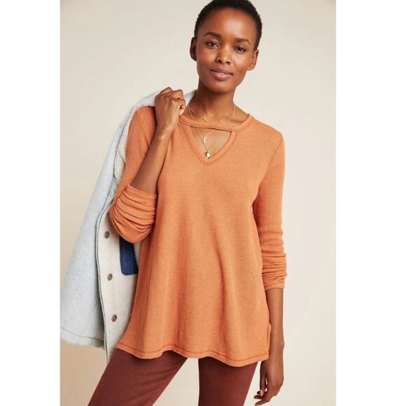 Anthropologie t.la Nadia Cut Out Waffle Knit Thermal Tunic Top 2X Gold Orange - Picture 1 of 13